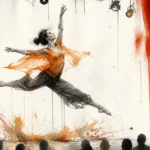 Aquarelle : une danseuse contemporaine en plein saut sur scène, devant le public, près d’un rideau rouge
