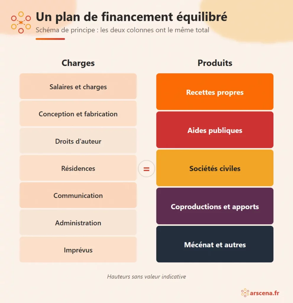 Plan de financement équilibré d’un spectacle : les charges du budget de création d’un côté, les ressources de l’autre, pour un même total