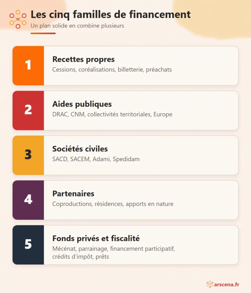 Les cinq familles de financement d’un spectacle vivant : recettes propres, aides publiques, sociétés civiles, partenaires, fonds privés et fiscalité
